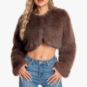 Brown Cropped Faux Fur Jacket Size Large – Fuzzy Fluffy Fall Winter Coat